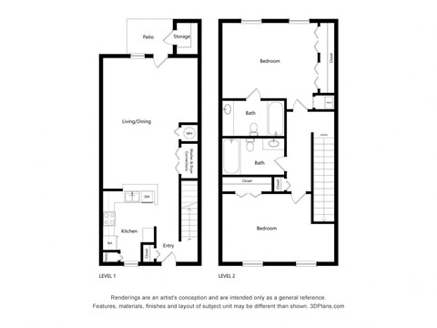 Floor plan for 2 beds, 2 baths, 1180 sqft